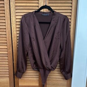 Brown / Burgandy Long Sleeve Satin Bodysuit